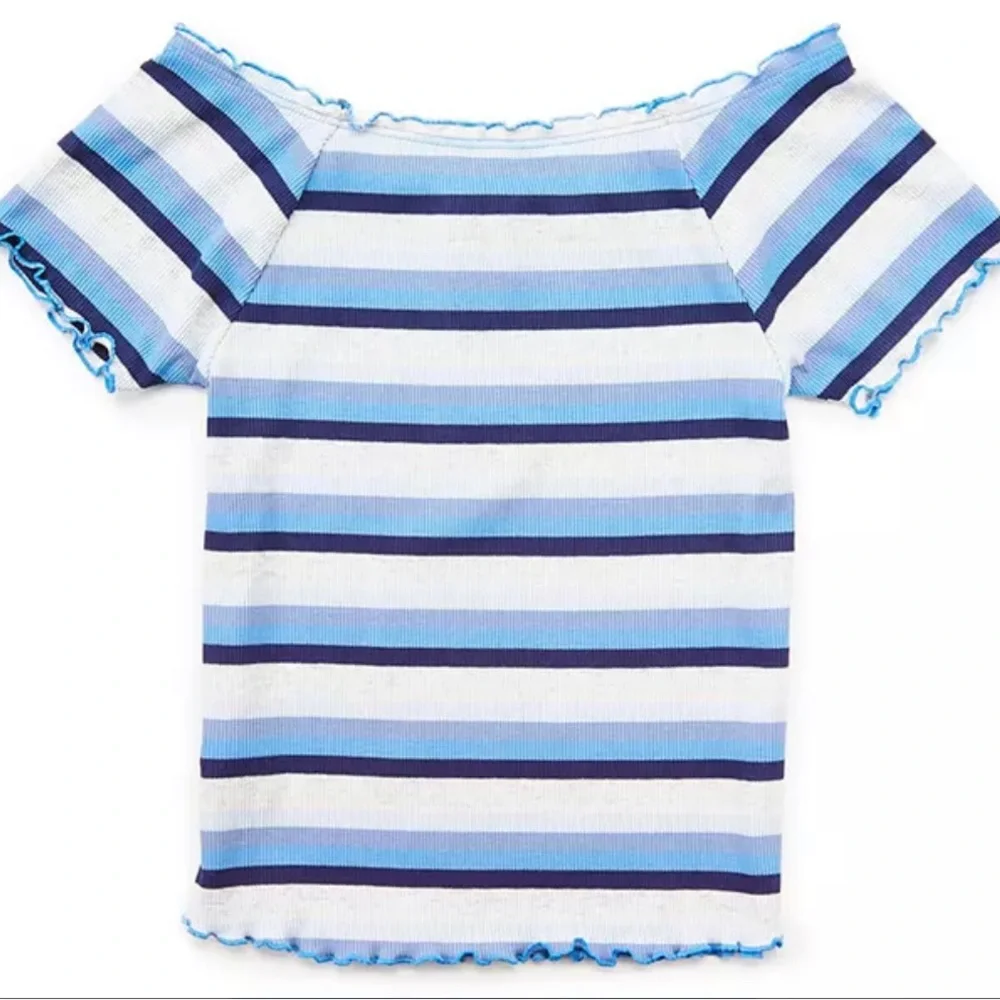 Justice Girls Blue and White Stripped Ribbed Off The shoulder Top